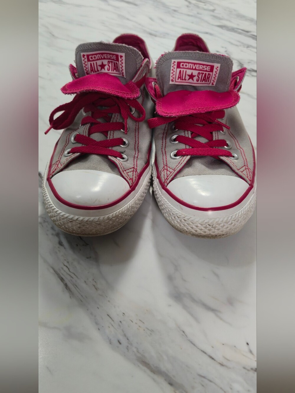 Converse Womens 10 Gray Canvas Sneakers with Pink Accents